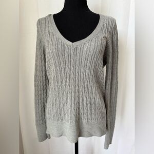 Abercrombie & Fitch‎ Cable Knit Sweater Women’s Gray V-Neck Sz L Preppy Academia